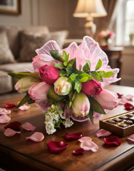 Preview: Kunstblumenstrauß Tulpen in Rosa & Rot mit Ritter Sport Schokowürfeln